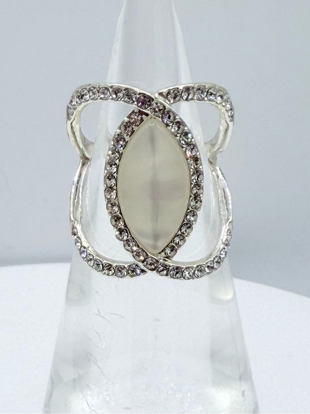 Simulated MOP Mother of Pearl Silver-Plated Crisscross Infinity Openwork Ring